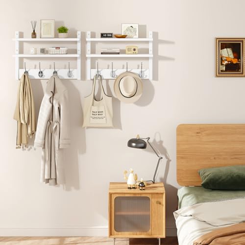 YMYNY Double Shelf Coat Rack Wall Mount with 8 Hooks, White HWS009W-2 | Wooden Coat Hanger Key Holder Wall Mount for Coats Hats Keys - Wood Wall Mounted Coat Rack with Shelf for Entryway & Bathroom - color: White