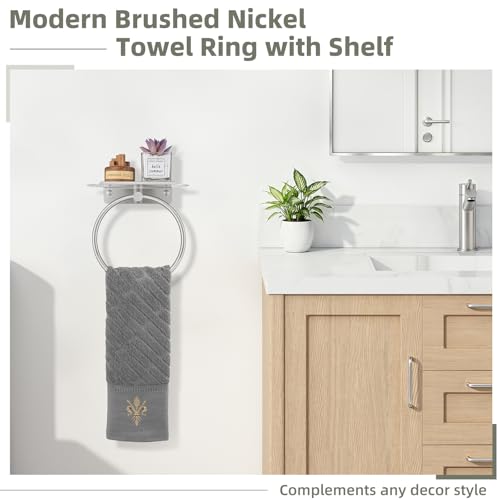 Hand Towel Ring with Shelf, Brushed Nickel, 304 Stainless Steel | 8.07-Inch Storage Surface, Rear Retaining Lip, 180° Rotation, Toiletry Storage, Concealed Screw Mounting, Bathroom Remodels - color: Brushed Nickel