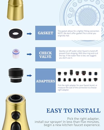 Kitchen Faucet Head Replacement - Pull Down Spray Head with 15 Adapters | 3-Function Stream/Spray/Blade, Easy Install, Removable Aerator, for Delta Moen Kohler, Pull Out Sprayer Nozzle, Brushed Gold - color: Brushed Gold