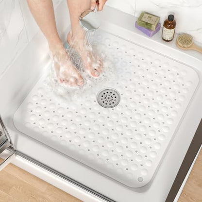 HITSLAM Square Shower Mat, Non Slip PVC Stall Mat, 24"x24", White | Power Grip Suction Cups, Center Drain Hole, Built-In Hanging Holes, Machine Washable Bathroom Floor Mat, Soft On Feet - color: Pure White