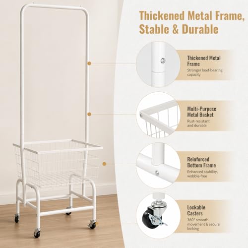 ALIMORDEN Rolling Laundry Cart with Hanging Rack & Metal Basket, White | 360° Lockable Casters, Wire Laundry Basket Cart, Hanging Rack, Powder Coated Frame for Laundry Room & Bedroom Storage - color: White