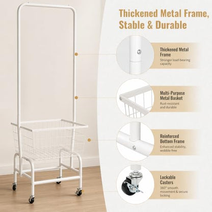 ALIMORDEN Rolling Laundry Cart with Hanging Rack & Metal Basket, White | 360° Lockable Casters, Wire Laundry Basket Cart, Hanging Rack, Powder Coated Frame for Laundry Room & Bedroom Storage - color: White