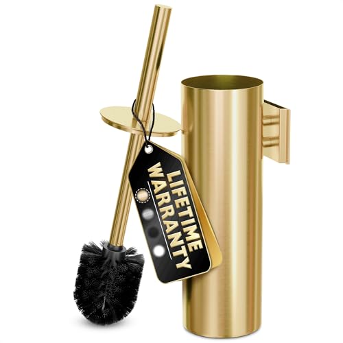 2Pcs Stainless Steel Toilet Brush and Holder Set, Hand Guard (Gold) | Toilet Bowl Brush and Holder, Removable Inner Bowl, Dense Bristles, Long Handle, Scratch Resistant, for Modern Bathrooms - color: Gold Wall-mounted