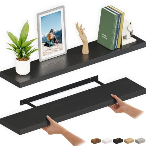 Ballucci Floating Shelves for Wall, 48" Wood Wall Shelf Set of 2, with Invisible Brackets for Bathroom, Living Room, Bedroom, Kitchen, Nursery, 8" Deep, Black - color: Black, size: 47.2 inches