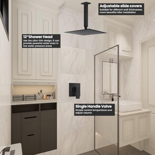 Airuida 12 Inch Matte Black Shower Faucet Set,Rainfall Shower System | Ceiling Shower Head,Male Thread Rough-in Valve,Ceiling Mount,Single Handle - color: Matte Black, size: 12 Inch