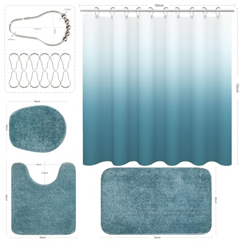 Shower Curtain Sets with Rugs and Adjustable Toilet Seat Cover | 4 Pcs Aqua Bathroom Sets with Shower Curtain and Rugs and Microfiber Toilet Lid Cover - color: Aqua