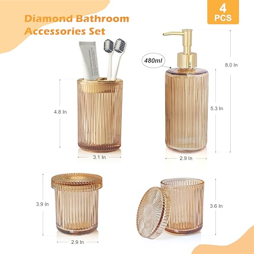 4 Pcs Brown Bathroom Accessories Set, Glass Bathroom Set, Soap Dispenser, Toothbrush Holder, Qtip Holders, Modern Bathroom Decor, Housewarming Gift Set （Amber Brown） - style: 4 pcs Brown