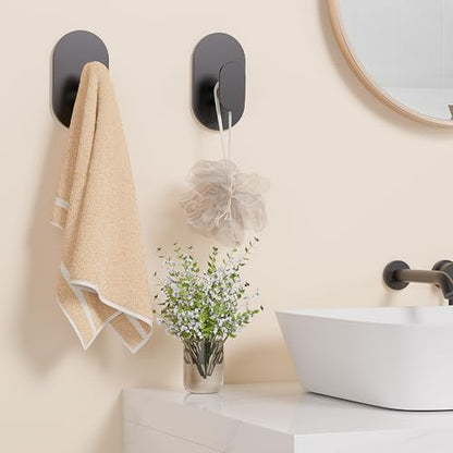Aikzik Adhesive Towel Hooks - 4 Pack 26LB Extra Strong Heavy Duty Wall Hooks for Bathroom/Shower Door Hanging Coat, Robe, Towel, Dogs' Leads and Collars (Matte Black, Stainless Steel) - color: Black-4