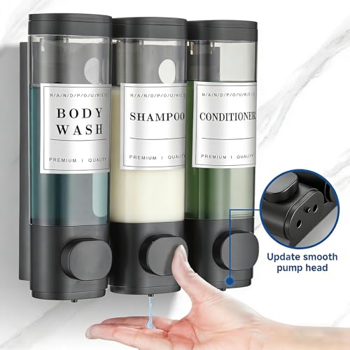 Shower Soap Dispenser Wall Mounted No Drill Shampoo Dispenser for Shower Wall Shampoo and Conditioner Dispenser Bathroom Hotel 3 * 300ml Black with Labels - color: Black 3