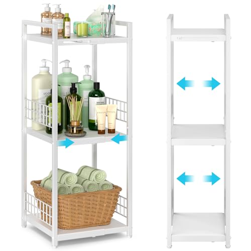 DAOUTIME Expandable Slim Storage Shelf, 3 Tier Metal Shelving Unit for Bathroom Storage Organizer, Free-Standing Narrow Shelf, Open Floor Shelves for Small Spaces,Laundry,Bathroom,Kitchen, White - color: White, size: 3-tier