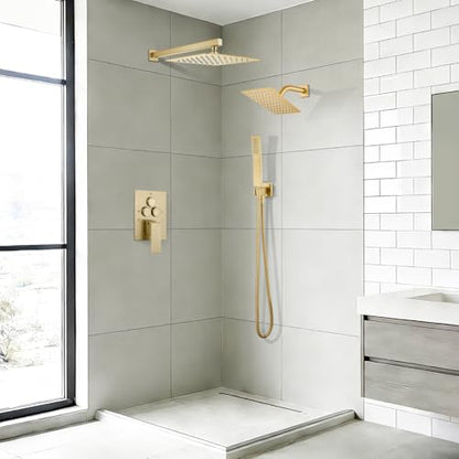 gotonovo Shower Faucet Set Push Button 10+6 Inch Dual Head Brushed Gold | Rain Dual Shower Head System with Handheld Spray for Couple,Push Button Diverter,High Pressure Valve Trim Kit,All Metal - color: Gold, size: 10+6 Inch Dual Head