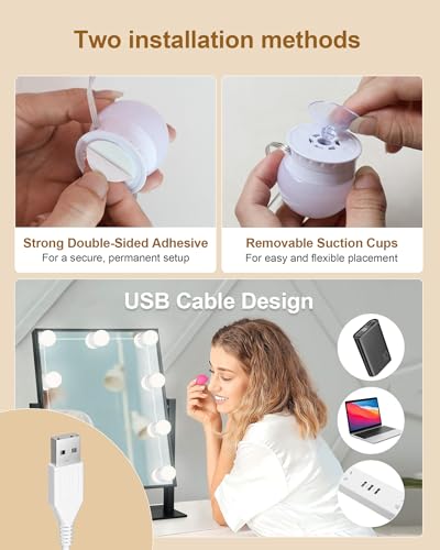 10 Bulbs LED Vanity Lights for Mirror, 3000K 4000K 6500K & 10-Brightness, Wire Length Adjustable, USB Cable, Hollywood Mirror Lights for Makeup Dressing Room Bathroom, White - size: 10 Dimmable Bulbs