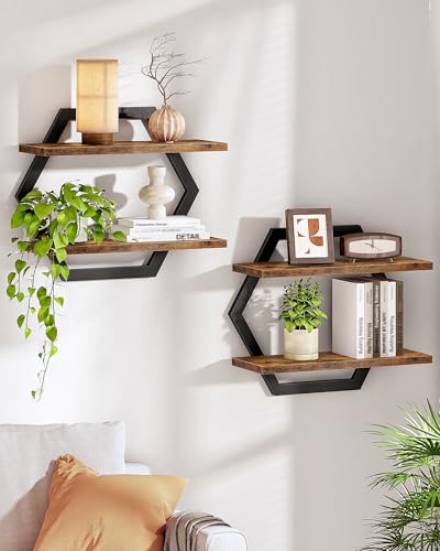 Hexagon Floating Shelves for Wall, Set of 2, 2 -Tier Hanging Shelves, Wall Mounted Storage Shelves, for Living Room, Bedroom, Kitchen, Home Office, Study, Rustic Brown and Black TBJ06P2BF - color: Rustic Brown + Black
