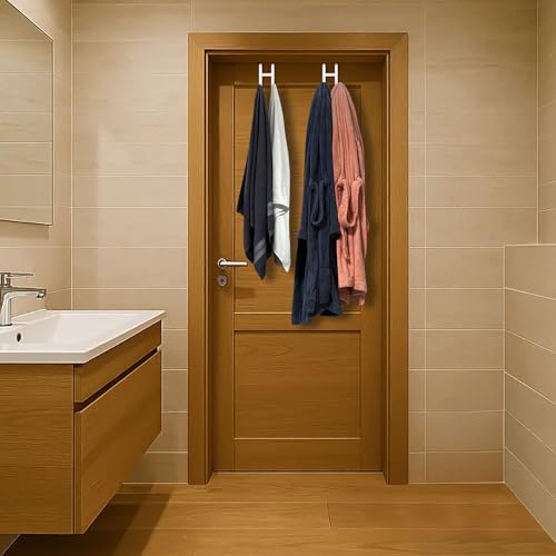 Mars-Rock Double Over Door Steel Hooks 2 Pack Fit 1-3/8" Door 5.5" White | Plastic Coated Rubber Feel Towel Rack Robe Coat Shoe Wreath Hanger No Damage No Scratch for Bathroom Heavy Duty Thin Top