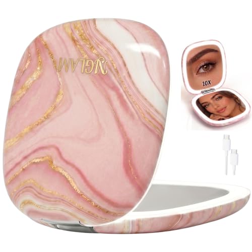 Lighted Makeup Compact Mirror, 3.9 Inch – 1x/10x Magnification Portable, LED – Auto Light On/Off - USB Charging, (Blush Marble) - color: Blush Marble
