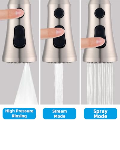 Hibbent Pull Down Kitchen Faucet Head Replacement, 3-Function NSF/ANSI/CAN 61 & CUPC Certified Sink Spray Nozzle, 15 Adapters, Compatible with Moen, Delta, Kohler Faucets, Brushed Nickel - color: Brushed Nickel, style: Stay on sprayer without hold button