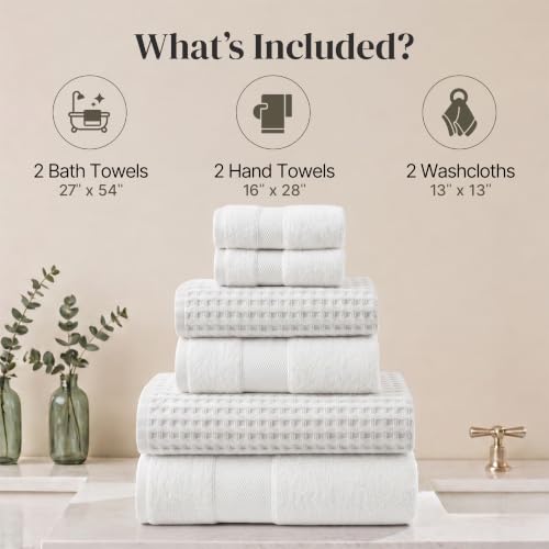 Modern Threads 6 Piece Cotton Bath Towel Set – Ultra Soft 600 GSM Towels – Bathroom Set with Hand Towels and Washcloths – Waffle (White) - color: White, style: Waffle