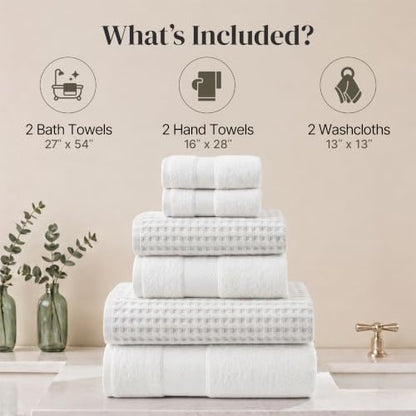 Modern Threads 6 Piece Cotton Bath Towel Set – Ultra Soft 600 GSM Towels – Bathroom Set with Hand Towels and Washcloths – Waffle (White) - color: White, style: Waffle