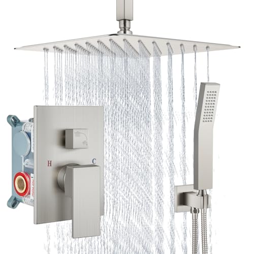 Aolemi Ceiling Mount Shower System Rain Shower Head with Handheld Spray High Pressure Shower Faucet Set Rough-in Valve Shower Trim Kit Included Bathroom Brushed Nickel 12 Inch Ceiling Shower Head - color: Nickel, size: 12 Inch Ceiling Shower Head