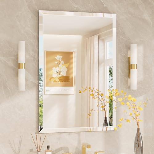 TETOTE 24" x 36" Rectangle Tempered Mirror with Frameless Beveled Edge for Vanity and Bathroom - size: 36"L x 24"W