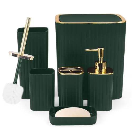 6PCS Bathroom Accessories Set, Dark Green Bathroom Set for Boho Decor | Includes Toothbrush Holder,Soap Dispenser,Trash Can,Toilet Brush,Soap Dish for Decorative Countertop and Housewarming Gift - color: Dark Green, size: 6Pcs