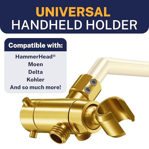 HammerHead Showers® Solid Metal 3 Way Shower Diverter Valve with Shower Head Holder — Universal Splitter To Connect Handheld Spray Wand And Rain Showerhead to Shower Arm Mount — Brushed Gold - color: Brushed Gold