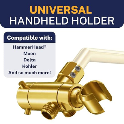 HammerHead Showers® Solid Metal 3 Way Shower Diverter Valve with Shower Head Holder — Universal Splitter To Connect Handheld Spray Wand And Rain Showerhead to Shower Arm Mount — Brushed Gold - color: Brushed Gold