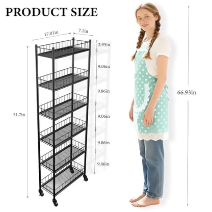 Utility Slim Storage Cart 6 Tier Narrow Metal Frame Carts | 6 Tier Narrow Kitchen Storage Cart,Laundry Room Carts, for Kitchen,DiningRoom,Living Room,Home Office,Classic Black - color: Black