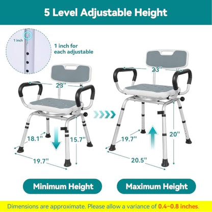 Shower Chair for Inside Shower, 400 lb Capacity, Adjustable Height | Heavy Duty Shower Chair for Elderly and Disabled, Non-Slip Shower Stool with Removable Arms and Back, Lightweight Bath Seat - color: Light Gray