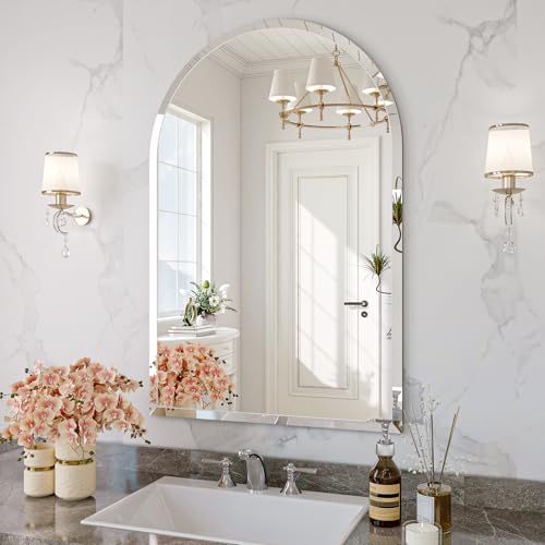 Frameless Bathroom Mirror, 20"x30" Beveled Arched Vanity Mirrors | Frameless, 15mm beveled edge, 5mm HD glass, anti-rust, french cleat, wall mounted, for bathroom/bedroom/entryway - size: 20"L x 30"W