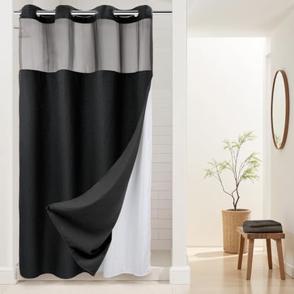 RiverDream Heavyweight Waffle No Hook Shower Curtain with Liner,Black,54x80 | Dotted Waffle,Snap-in Liner,Heavy Duty,Quick Dry,Mesh Top Window,With Bottom Magnets,Hotel-Grade,Washable,Stall Long Size - color: Black, size: 54"W x 80"L (Pack of 1)