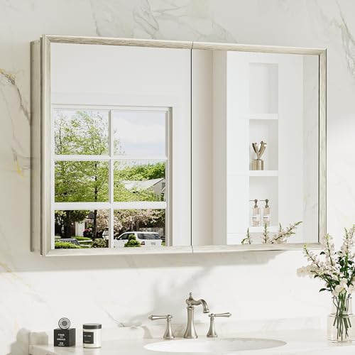36 x 24 Brushed Nickel Recessed Medicine Cabinet, Assembly Required, Bathroom Mirror Medicine Cabinet, Lightweight Aluminum Frame， Stepless Adjustable Shelves, Tempered Glass - color: Brushed Nickel, size: 36x24 in
