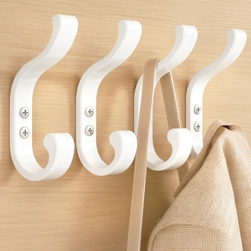 Coat Hooks Wall Mount,Heavy Duty Wall Hooks for Backpack,Towel,White 4 Pack | Large Coat Hangers Holds 30LB, Metal Screw-In Hooks for Door, Closet, Bathroom, Clothes, Purse, Bag, Jacket, Robe - color: White, size: 4 Pack
