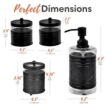 Autumn Alley Farmhouse Matte Black Bathroom Accessories Set (4 PCS) - Lotion Soap Dispenser, Black Toothbrush Holder Set, 2 Glass Apothecary Jars (Qtip Holder) - Rustic Bathroom Accessories Set
