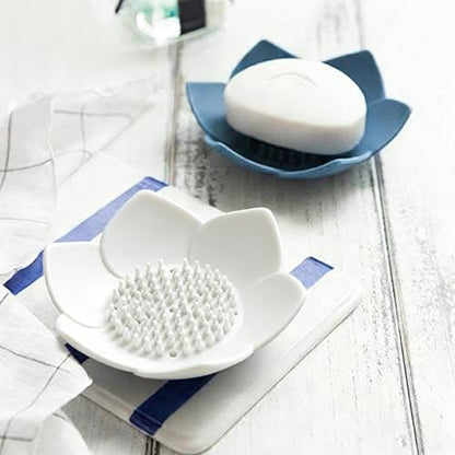 3 Pack Soap Dish, Bar Soap Holder, Bathroom Soap Tray with Drain, Lotus Silicone Soap Holder for Bathroom Shower (Blue, Pink, White) - color: Blue, Pink, White
