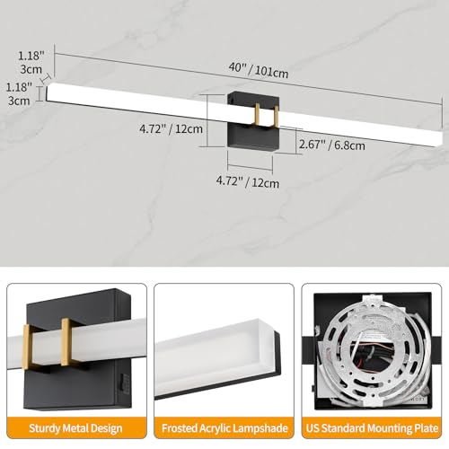 Modern Black and Brass Vanity Light Bar 40 Inch, 30W 5CCT Dimmable Bathroom Light Fixtures LED Wall Lighting Fixture - color: Black+Brass, size: 40 inch