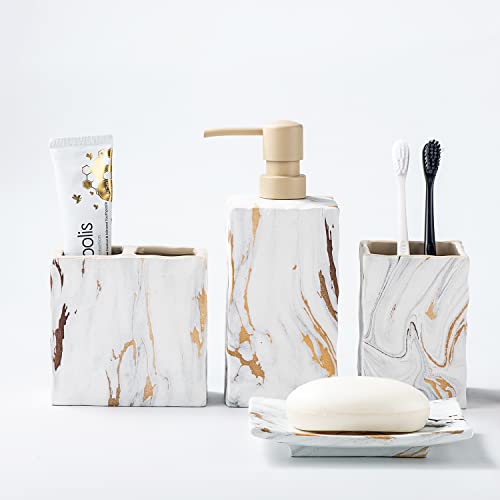RQYIXI Bathroom Accessories Set 4 Pcs Marble Look Sets Toothbrush Holder Soap Dispenser Counter Top Ceramic Bathroom Decor Set Gold - color: Gold