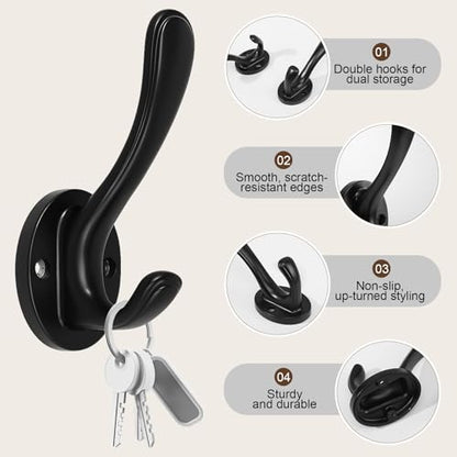 4-Pack Black Wall Hooks, Heavy Duty Metal Double Towel Hooks | Aluminum Alloy, Rust Resistant, 15 Lb Capacity, Wall Mounted, For Bathroom, Entryway, Closet Or Kitchen