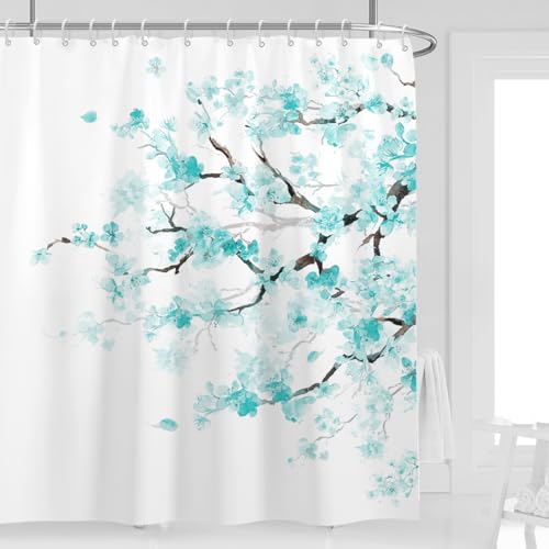 Long Teal Floral Shower Curtain, Japanese, 12 Hooks, 72" W x 84" L | Turquoise Sakura Watercolor Pattern, Elegant Cherry Blossom Art, Cute Girly Aesthetic, Extra Large XL Bathroom Decor - color: Teal White, size: 72"W x 84"L (Pack of 1)