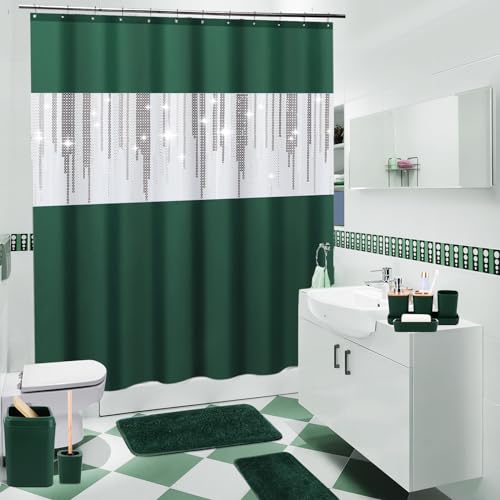 XLHOMO Dark Green Bathroom Sets with Shower Curtain and Rugs,Bathroom Sets Shower Curtain Set with Extra Soft and Absorbent Bathroom Rugs Green Bathroom Accessories - size: Bath Set+Shower Curtain+Bath Rugs, style: Dark Green