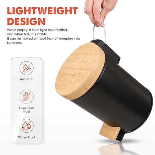 Small Bathroom Trash Can with Natural Bamboo Lid Soft Close，3 Liter / 0.8 GallonStainless Steel Garbage Can with Removable Inner Bucket andStep Pedal（Black） - color: Black