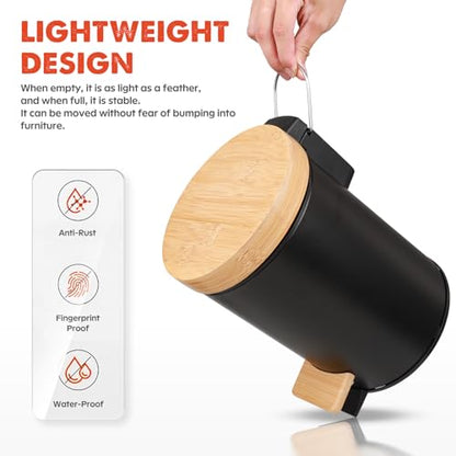Small Bathroom Trash Can with Natural Bamboo Lid Soft Close，3 Liter / 0.8 GallonStainless Steel Garbage Can with Removable Inner Bucket andStep Pedal（Black） - color: Black