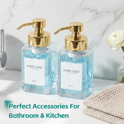 Foaming Soap Dispenser, 12oz/350ml Glass Foaming Hand Soap Dispenser Set, 2Pcs Refillable Foam Soap Dispenser with Foaming Pump, Labels, Square Foam Soap Hand Dispenser for Bathroom, Gold - color: Clear Bottle +Gold Pump