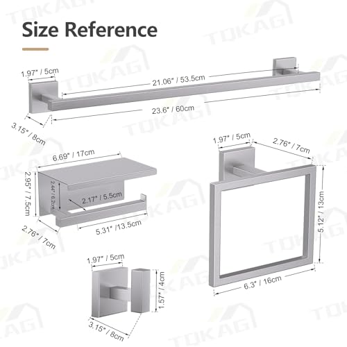 TQKAG 5-Pieces Brushed Nickel Bathroom Hardware Accessories Set 23.6" SUS304 Stainless Steel Towel Bar Set Wall Mounted Square Toilet Paper Holder with Shelf - color: Brushed Nickel, size: 5-Pieces Set-B