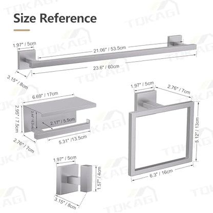 TQKAG 5-Pieces Brushed Nickel Bathroom Hardware Accessories Set 23.6" SUS304 Stainless Steel Towel Bar Set Wall Mounted Square Toilet Paper Holder with Shelf - color: Brushed Nickel, size: 5-Pieces Set-B
