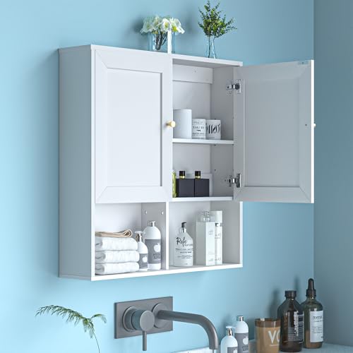 Bathroom Wall Cabinet, Medicine Cabinet with 2 Door and Adjustable Shelves,3-Tier Wood Hanging Storage Over The Toilet,White Wall Mounted Cabinet for Bathroom, Kitchen,Laundry Room