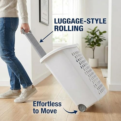 Laundry Hamper with Wheels and Lid, 2-Bushel Capacity, Plastic, White, Rolling Basket with Handle