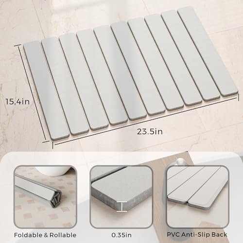 Foldable Stone Bath Mat, 23.5" x 15.4", Light Gray | Quick Dry Diatomaceous Earth, Non-Slip, Super Absorbent, Easy to Clean