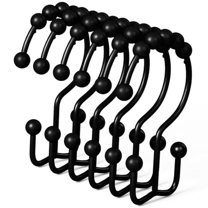 DAWNER Shower Curtain Hooks Rings, Rust Proof Hooks, Metal Easy Glide Double Shower Rings Hooks, Stainless Steel Shower Curtain Hangers for Bathroom Shower Curtains, Set of 12 Hooks, Matte Black - color: Matte Black