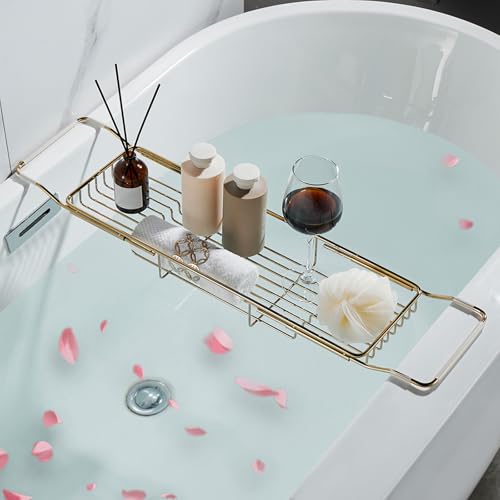 Stainless Steel Bathtub Caddy Tray, Expandable Bathtub Holder Table, Adjustable Bathroom Tray, Bath Organizer Tub Shelf,Gold,26.8~35.4in - color: Gold